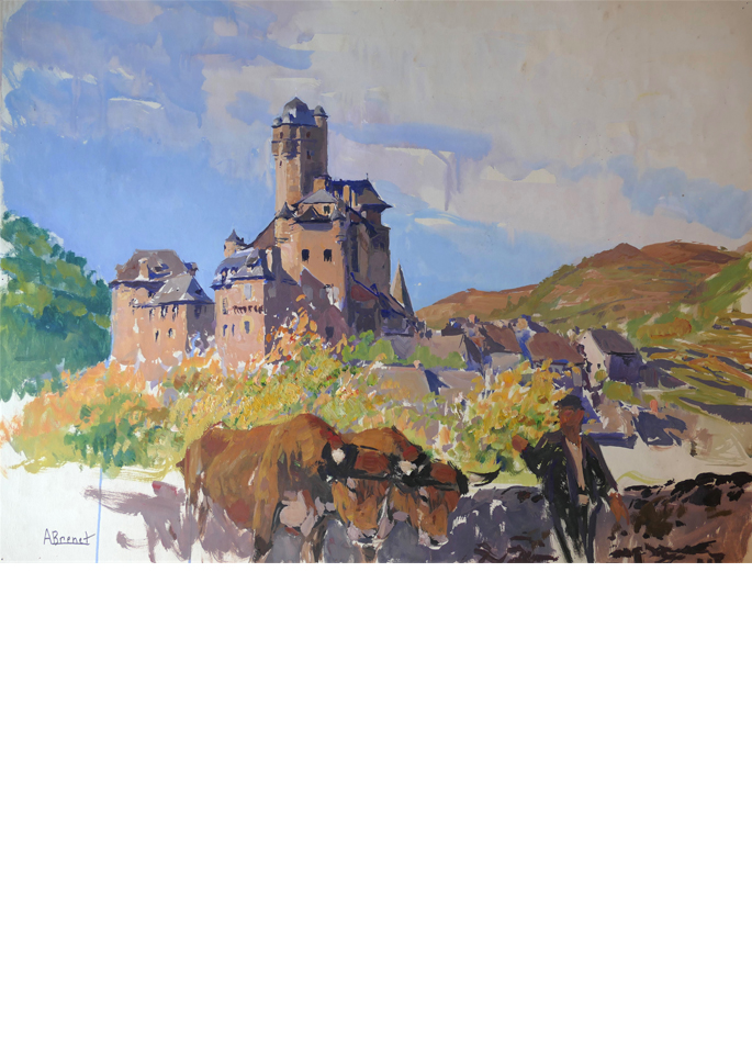 Albert Brenet gouache Village d'Estaing en Aveyron