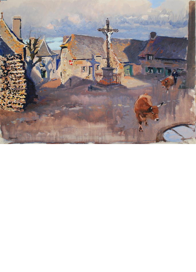 Albert Brenet gouache Village en Aveyron