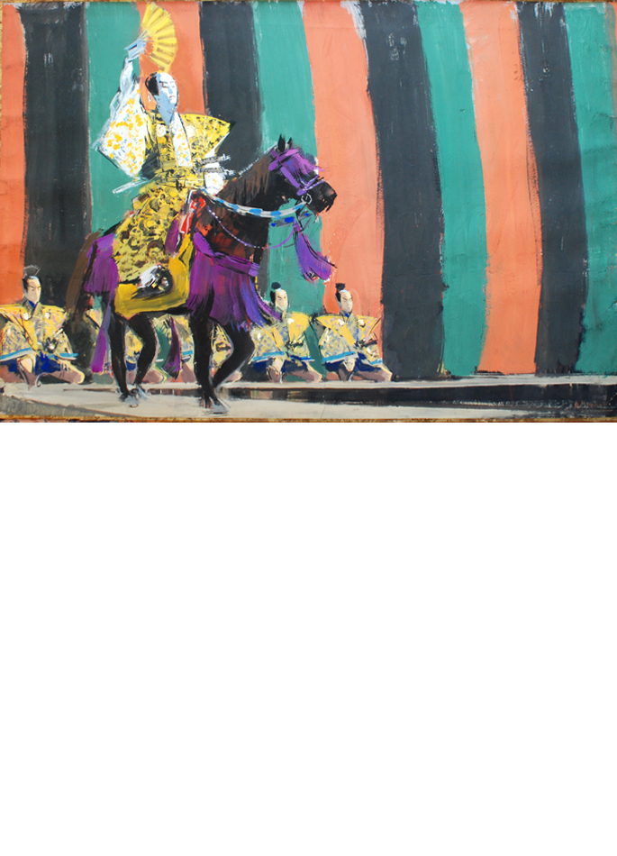 Albert Brenet gouache Kabuki Theater Scene. Three Actors on Horseback