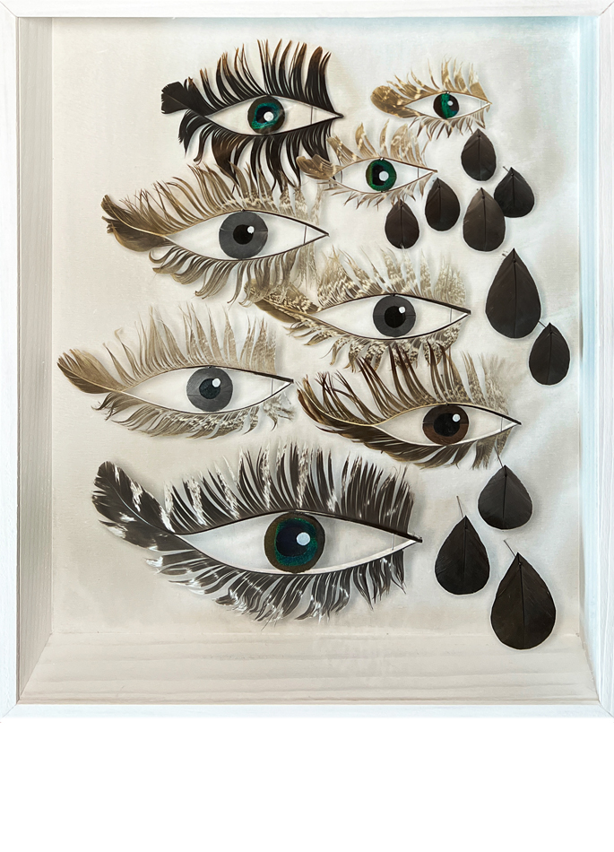 Anne Limbour Regards ébouriffés gris œuvre plastique plumes