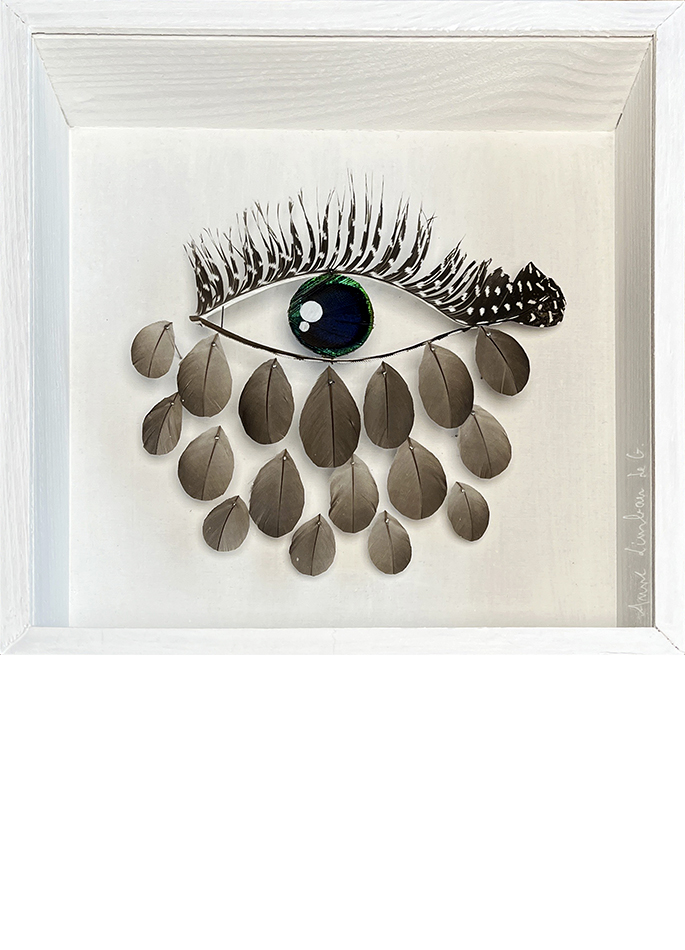 Anne Limbour L'œil perlé œuvre plastique plumes