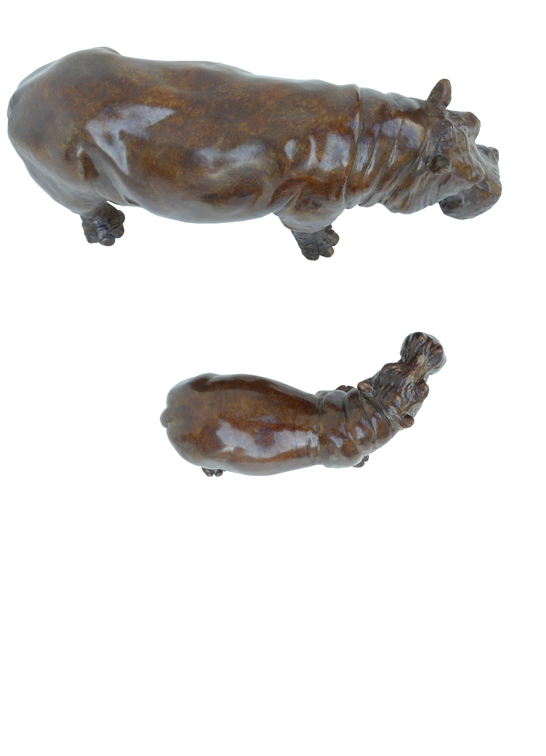 Damien Colcombet Hippopotame et son petit debout sculpture bronze
