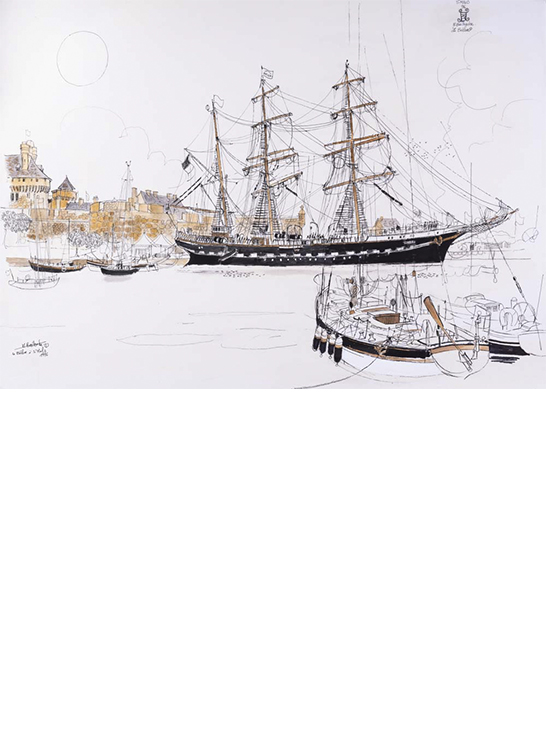 Alain Bailhache encre Le Belem à Saint-Malo Centre Cristel Éditeur d'Art