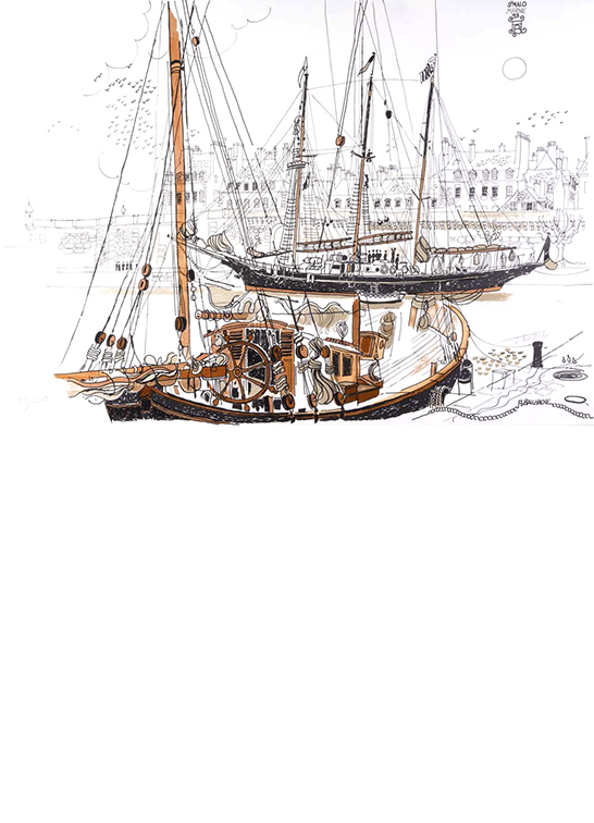 Exposition Alain Bailhache Vieux gréements devant la Cité corsaire Saint-Malo Bretagne lithographie Centre Cristel Éditeur d'Art Saint-Malo