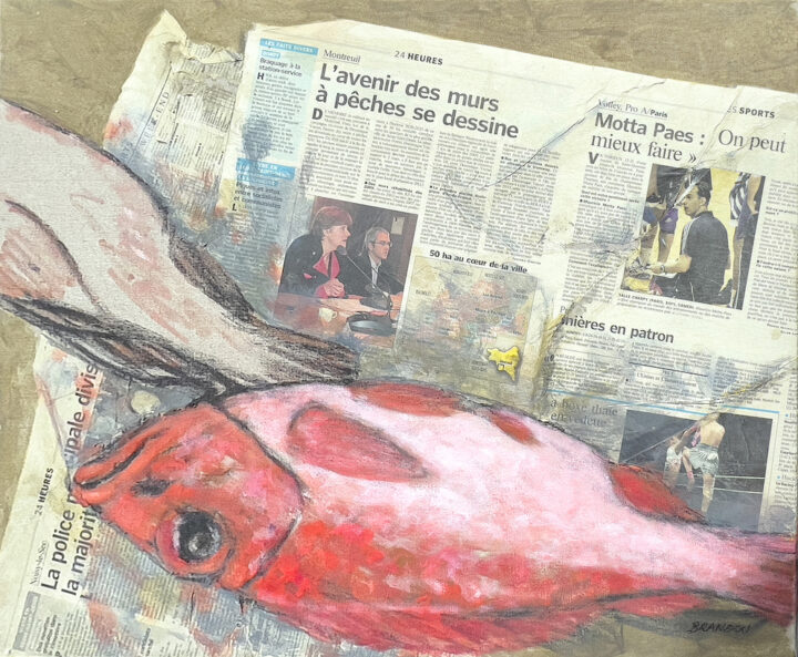Frédéric Brandon œuvre acrylique et techniques mixtes sur toile 2008 Adieu, poisson. Espèces en voie de disparition