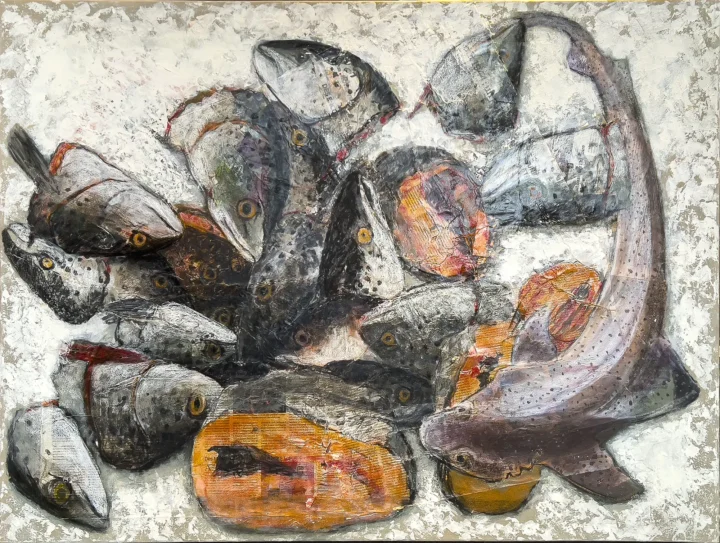 Frédéric Brandon œuvre acrylique et techniques mixtes sur carton 2008 Adieu poisson