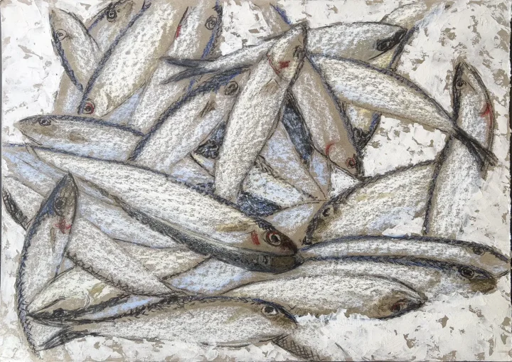 Frédéric Brandon œuvre acrylique et techniques mixtes sur carton Harengs