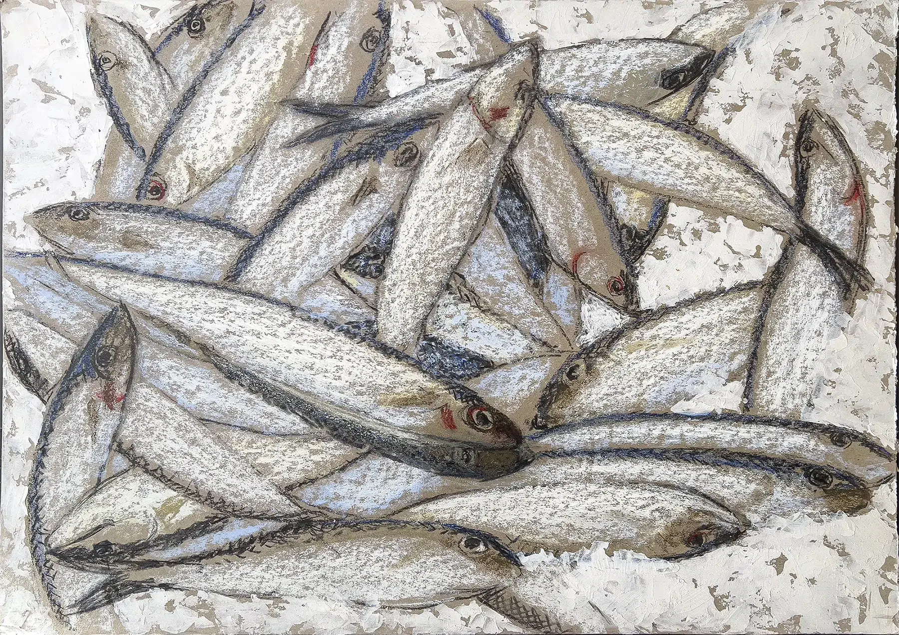 Frédéric Brandon œuvre acrylique et techniques mixtes sur carton Harengs
