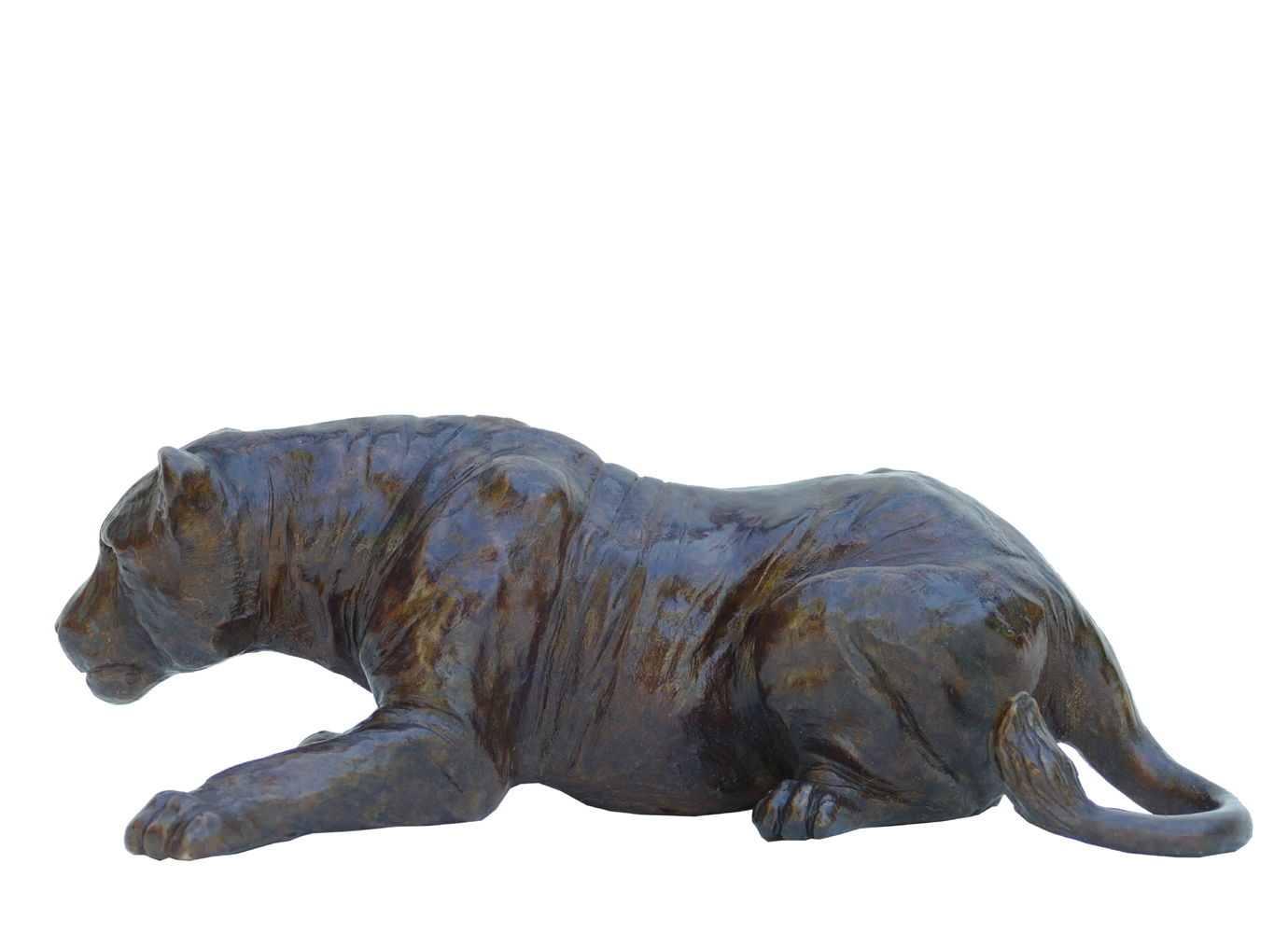 Damien Colcombet Petite Lionne couchée patte avant tendue sculpture animalière bronze