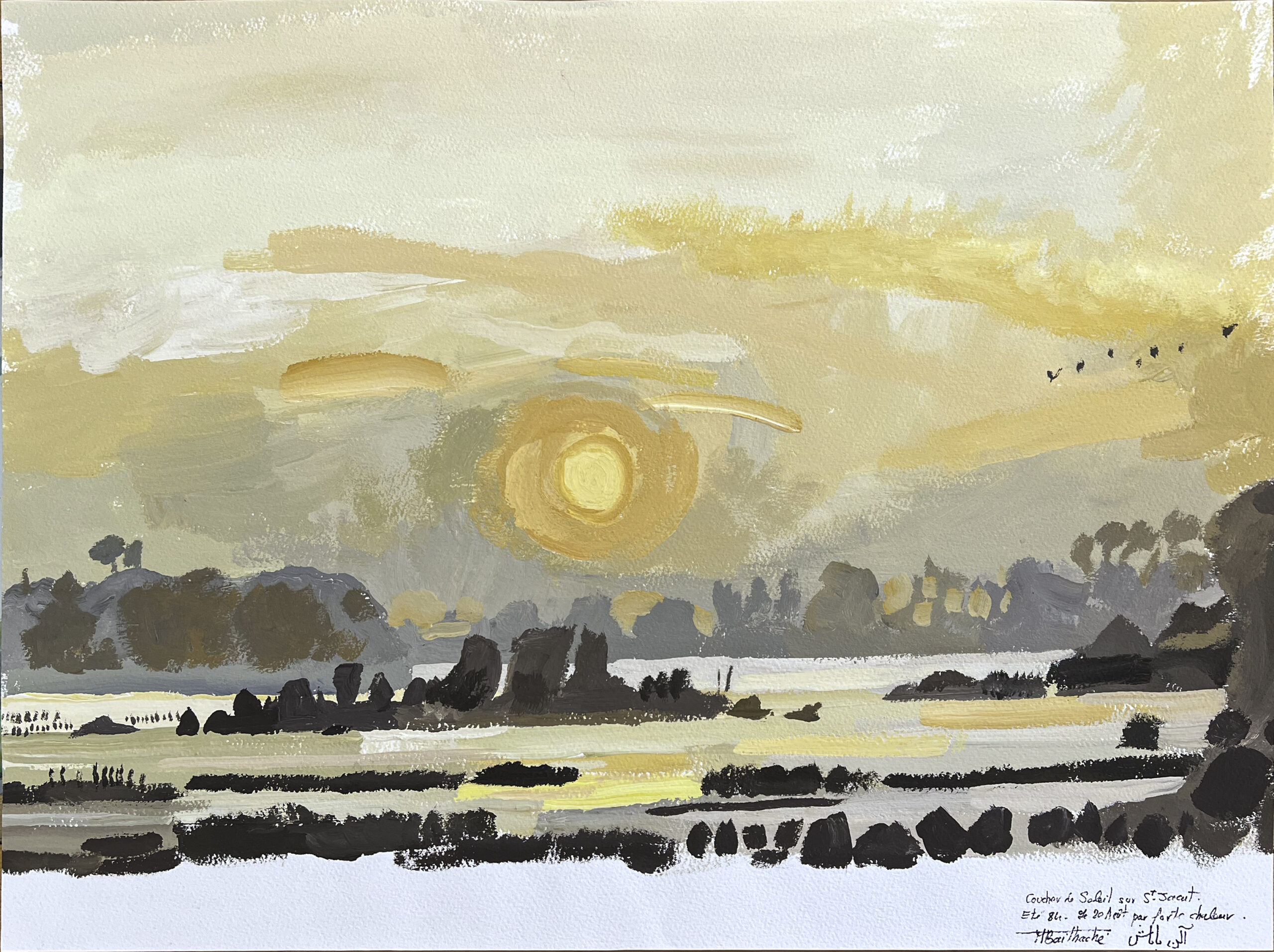 Alain Bailhache Coucher de soleil sur Saint-Jacut 1984 gouache