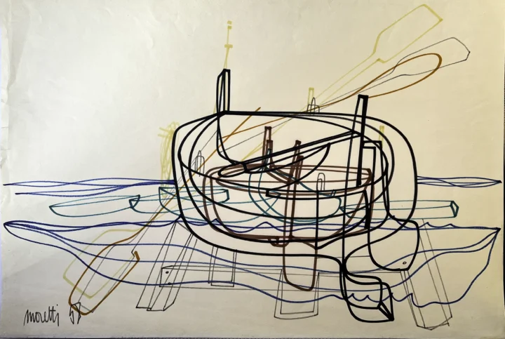 Raymond Moretti "Les barques" encre dessin